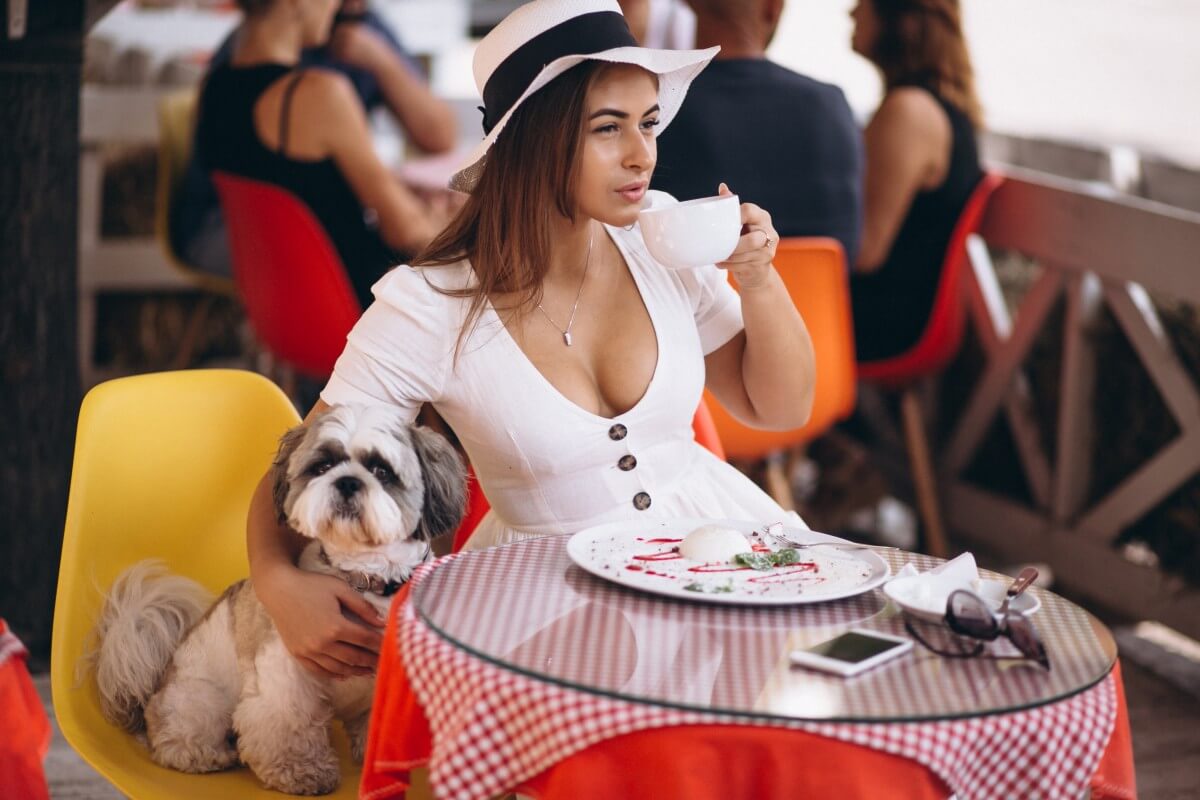 young lady bar with cute dog having lunch 1